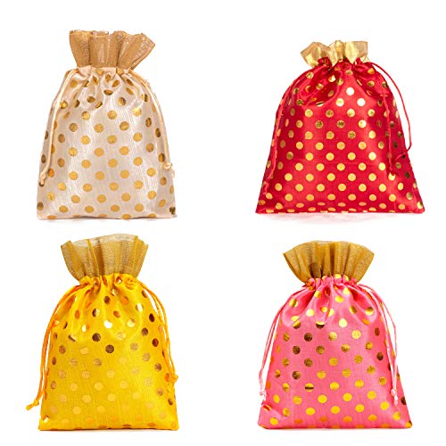 Image of Meher Collection Women's Polka Dot Potli Bags for Return Gifts Wedding Gift for mom Potli Purse Gift Bags Fancy Potli bag Diwali Potli Karwachauth Potli - Red Polka 1kg Large size (25cm x 27cm)