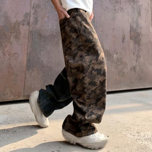 XYGJZ Mens Wide Leg Distressed Denim Pants Patchwork Camo Print Hip Pop Jeans4