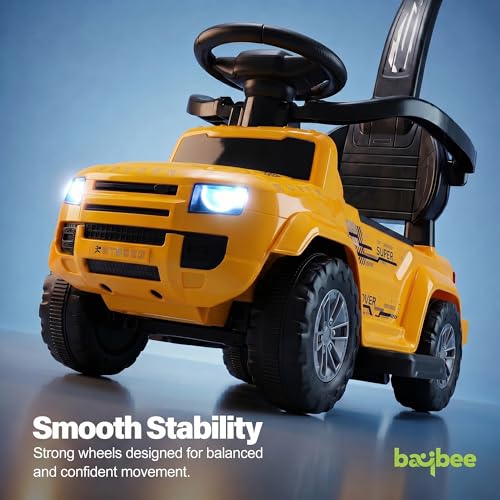 Image of Baybee Ride on Cars for Kids | Baby Push Ride ons Toys Car with Parental Handle & Safety Guardrail | Baby Toy Car with Backrest, Light & Music | Outdoor Kids Cars for 1 to 3 Years (Rover Pro Yellow)