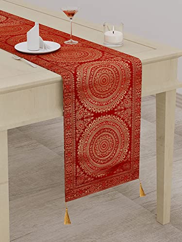 Image of Diwali Decor Brocade Jacquard Silk Table Runner Long Runner for Dinning & Centre Table Mandala Print 72 x 16 Inches (Maroon)