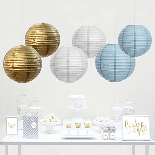 Image of Gold, Baby Blue, White Hanging Paper Lanterns Decorative Kit