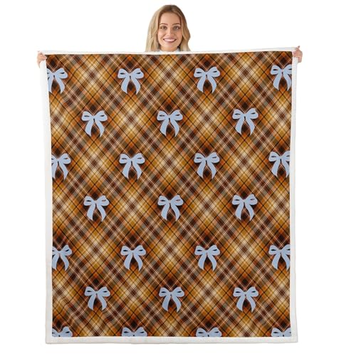 feelingyou Manta de cama con lazo azul, manta de retazos de rejilla marrón, manta de forro polar con lazo para niños, mujeres, adolescentes, silla, sofá, cama, manta mullida de estilo bohemio vintage,