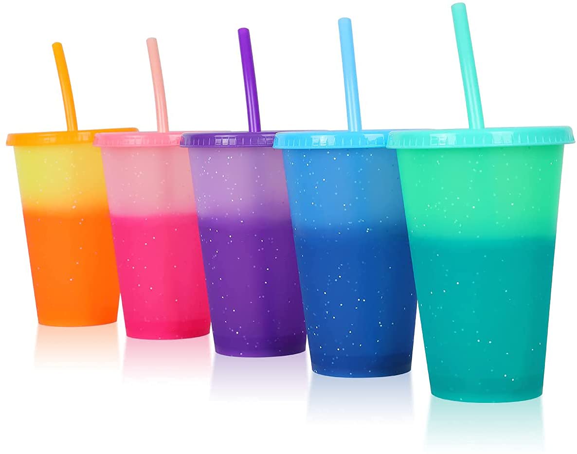 KASTWAVE Color Changing Plastic Tumblers with Lids and Straws, Reusable Drinking Cup, Smoothie Cups with Lids and Straws, Perfect for Parties,Birthdays, for Kids & Adults