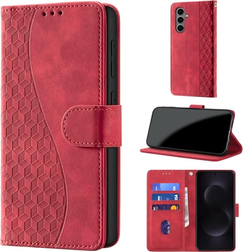 Image of Flip Wallet Case for Samsung Galaxy S25 FE PU Leather Red | RFID Blocking 3 Card Slots, Built-in Kickstand, Shockproof Protective Flip Phone Cover for Samsung S25 FE