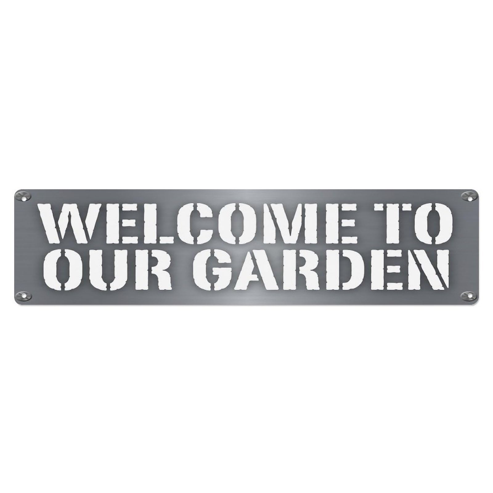 Vintage Welcome to Our Garden Pewter Gray Metal Tin Sign