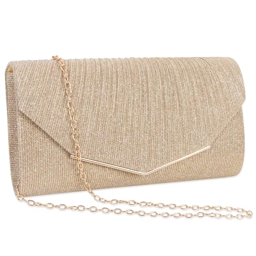 Minicloss Damen Abendtasche Gold Clutch Damen Brauttasche Kettentasche Elegant Damen Satin Clutch Funkelnde Kettenabendtasche Elegante Umschlagtasche für Ball Hochzeit Party und Hochzeit