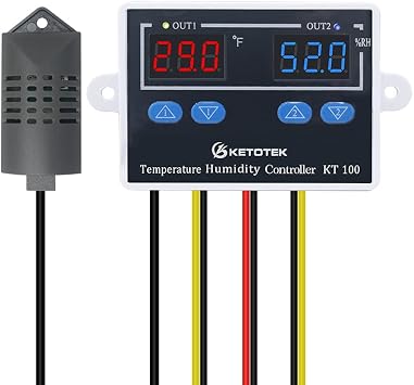 KETOTEK KT100 Humidity Temperature Controller 120V 10A Fahrenheit Digital Thermostat Humidistat Control Switch Direct Output with 1.5m Temperature Humidity Sensor