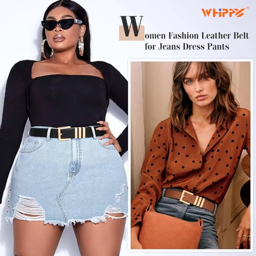 WHIPPY 2 Pack Women's Leather Belts Fashion Square Gold Buckle Ladies Belt for Jeans Pants Dress2
