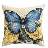 Kit de cojín de punto de cruz estampado Flores y mariposas funda de cojín de punto de cruz de 11CT, que es más fácil de bordar, funda de cojín hecha a mano para decoración del hogar, 45x45 cm
