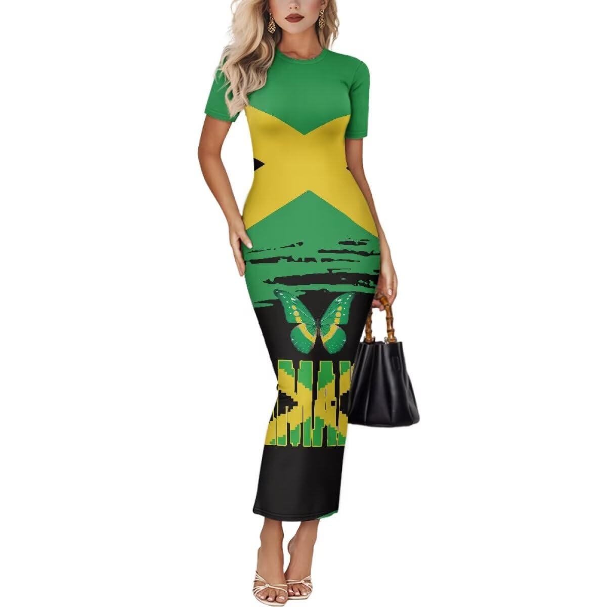 Womens Short Sleeve Jamaican Flag Midi Bodycon Dress