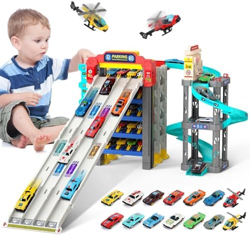 JONRRYIN Autorennbahn für Kinder, Rennstrecke Auto mit 5 Stockwerke Parkhaus, Spielzeug Rennbahn mit Spiral für Kinder ab 3 Jahre, 12 Leichtmetallautos und 2 Flugzeug, Tankstellen mit Zapfsäule