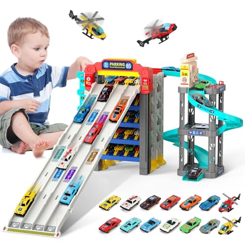 JONRRYIN Autorennbahn für Kinder Rennstrecke Auto mit 5 Stockwerke Parkhaus Spielzeug Rennbahn mit Spiral für Kinder ab 3 Jahre 12 Leichtmetallautos und 2 Flugzeug Tankstellen mit Zapfsäule