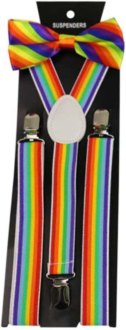 CALLARON 3pcs Colorful Rainbow Suspenders Bow Tie for Parties Unisex Elastic Braces and Accessories for Costumes for Weddings and Celebrations