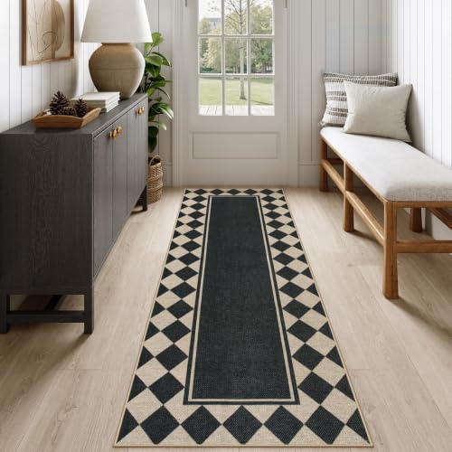 Moynesa Easy Jute 2x6 Runner Rug, Black Indoor Outdoor Checkerboard Runner
