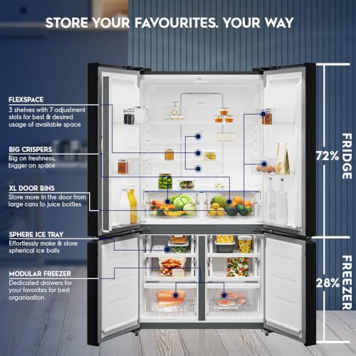 Image of Electrolux 547L 4 Door Side by Side Refrigerator, Bottom Mount Freezer, GreenZone, QuickFreeze, XL Door Bins, Cooling360, Inverter, French Door, UltimateTaste 600, EQE5400D-B, Charcoal Black