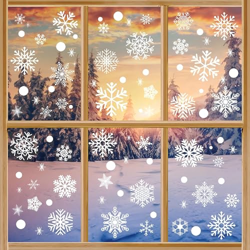 Image of AhfuLife Christmas Snowflakes Window Clings, 152 PCS Reusable Window Stickers for Glass, 8 Sheets Double Sided Snowflakes Stickers for Xmas Party