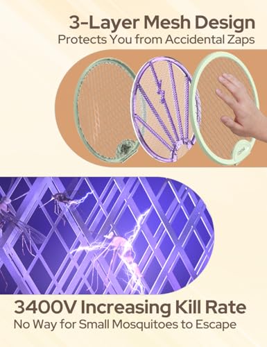 Image of CostarMatter Mosquito Killer Racket, Foldable Bat with UV Light, 3400V, 2 in 1 Auto Mosquito Killer, Racket for Mosquitoes, Electric Fly Swatter with Lithium-ion Battery, Green