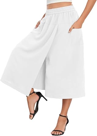 lionstill Womens Casual Capri Pants Relaxed Fit Skirt Pant High Waist White Culottes Split Flowy Palazzo with Pockets, S