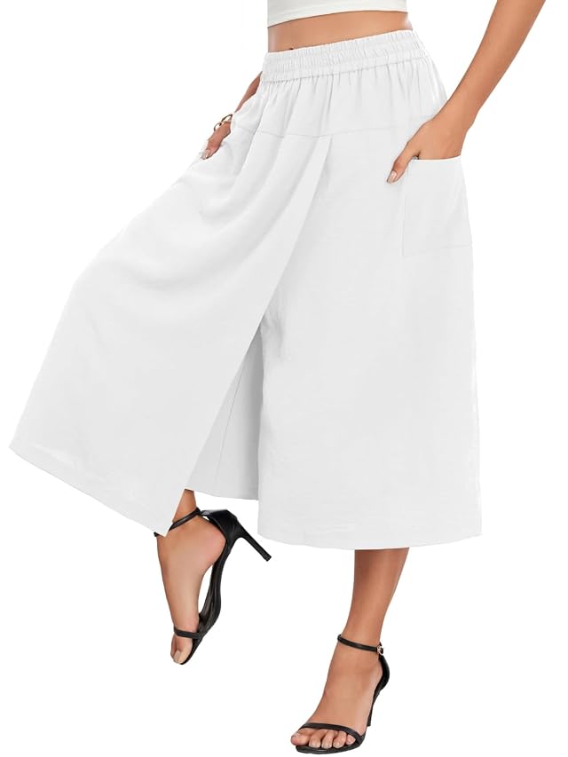 Womens Casual Capri Pants Relaxed Fit Skirt Pant High Waist White Culottes Split Flowy Palazzo with Pockets S