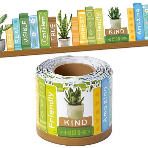 Image of BeYumi Plant Bookshelf Border Trim - 65ft Back to School Green Plant Inspirational Books Rolled Border Trim Motivational Potted Plants Bookshelf Bulletin Board Library Classroom Office Home Wall Decor