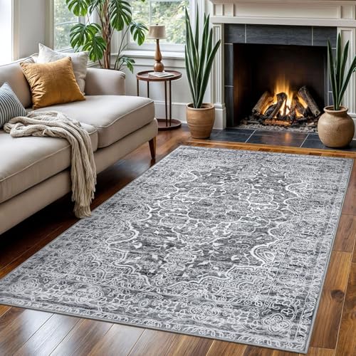 KUTA Area Rug 4x6 Living Room, Washable Rugs Vintage Distressed Tribal Grey White, Non-Slip Dining Room Carpet, Extra Soft Low Pile Printed Traditional Medallion Cozy Throw for Bedroom