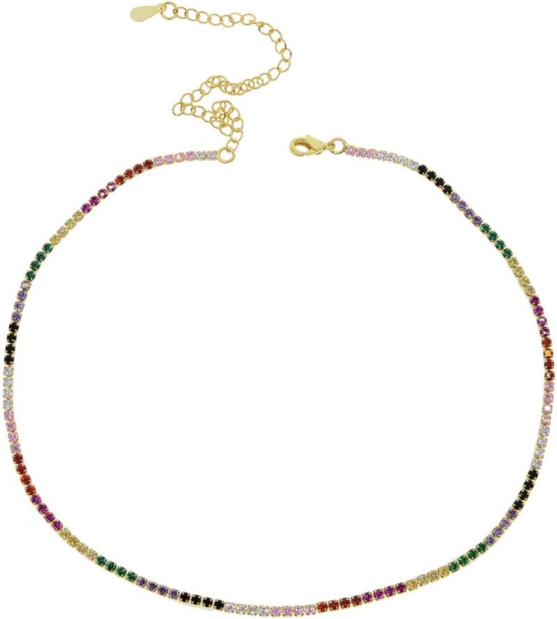 Thin 2mm CZ Tennis Chain Choker Necklace Multi Colors Zirconia Colorful Fashion Women Collar