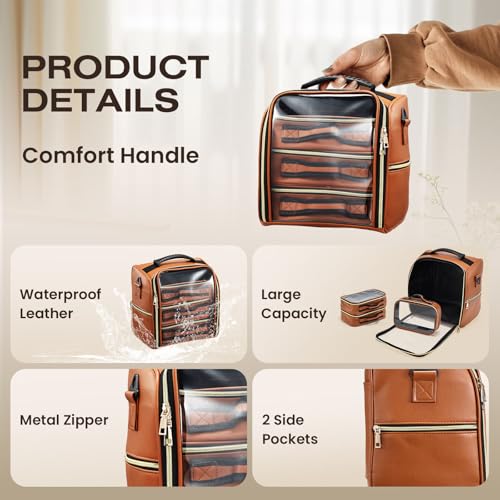 Image of SHAMAX Makeup Bag with 3 Removable Pouches & Side Pockets | Travel Cosmetic Organizer Case with Transparent Front, Toiletry Storage Bag for Women & Men (Brown)