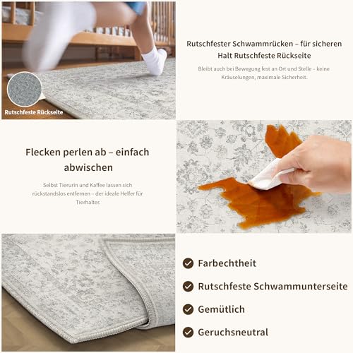 PureCozy Grau Teppich 200x300cm Wohnzimmer Vintage Waschbare Groß kurzflor rutschfest Weich Bumen Boho Retro Teppiche für Schlafzimmer Küchen Esszimmer Bedroom Living Room Büro