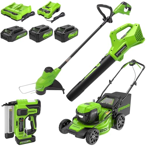 Image of Greenworks 48V (24V x 2) All-in-One Cordless Combo - 20 inch Push Lawn Mower, 12 inch String Trimmer, 320 CFM Leaf Blower & 3 /8 inch 18 GA Crown Stapler