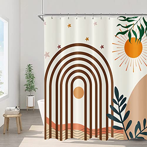 Mid Century Abstract Shower Curtain for Bathroom Modern Boho Minimalist Arched Curve Green Leaves Geometric Sun Aesthetic Shower Curtains 72 x 72 Inch Womens Beige Bathroom Decor Polyester Fabric