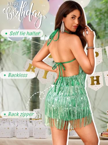 Image of Kaei&Shi Sequin Fringe Romper,Sparkly Glitter Metallic Jumpsuits For Women,Backless Shorts Dress Disco Birthday Dance Outfit