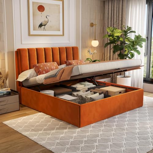 Image of Wakefit Bed | King (78 X 72) Solid Wood Bed, Upholstered, Hydraulic Storage, 3 Year Warranty - Antho - Velvet Amber