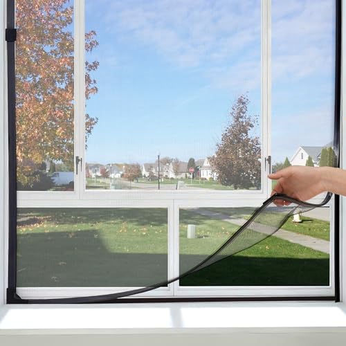 Magnetic Window Screen Adjustable Window Net 44”x 48” Fiberglass Window Screen Mesh for House Windows with Magnets