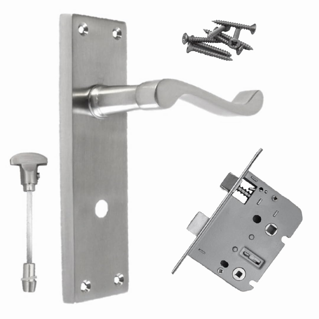 Epsom Door Handle Satin Bathroom Door Handle with Privacy Lock Set and 3 Lever Sash Lock- Victorian Style Internal Thumb Turn Latch for Interior Doors Satin Chrome (Pair of Bathroom Handles +