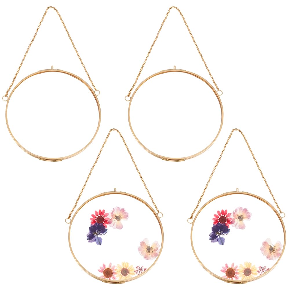 OLYCRAFT 4pcs Round Hanging Glass Frame 5.7 Inch Wall Hanging Brass Floating Frame Double Glass Picture Frame with Chain DIY Artwork Display Frames