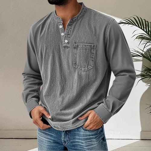 Men's Henley Neck Shirt Classic Distressed Long Sleeve Button Stand Collar Shirts Casual Washed Tops with Pocket2