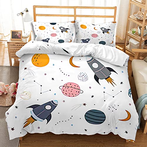 huitutu Cartoon Rakete Bettwäsche-Set 155x220cm Bunte Stern Rakete Planet Mond Mikrofaser Bettbezug Jungen Mädchen weiß Bettwäsche und 1 Kissenbezüge 80x80cm Cover