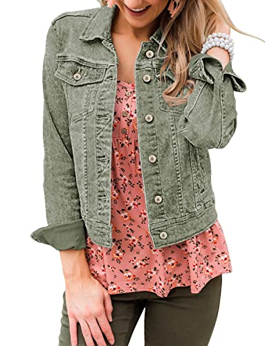 LookbookStore St Patricks Day Jackets for Women Denim Jackets 2026 Spring Stretchy Long Sleeves Button Down Fitted Denim Jean Jacket Calliste Green Size L Size 12 14