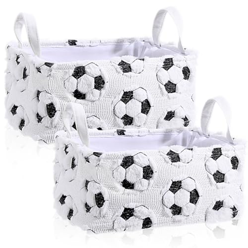 Yiyiring 2 Pcs Soccer Storage Baskets 14x10 Back to School Gift Basket Foldable Fluffy Laundry Storage Bin with Handle Sport Theme Closet Organizer for Preppy Dormitory Countertop Tabletop Shelf