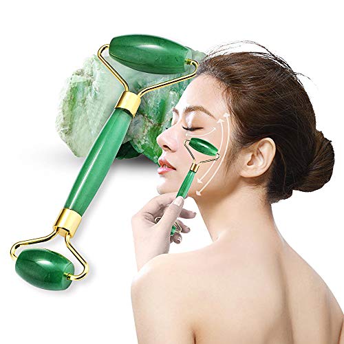 Jade Roller Facial Tools Set, 100% Highest Quality Natural Jade for Face Massager, Reduces Puffiness, Anti Aging Healing Slimming, Rejuvenates Face and Neck Skin (green)