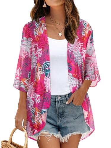 Image of Women's Floral Print Puff Sleeve Kimono Cardigan Loose Cover Up Casual Blouse Tops 2026