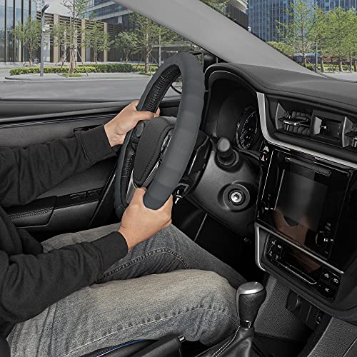 Image of BDK Genuine Gray Leather Steering Wheel Cover for Car, Small 13.5-14 inch - Ergonomic Comfort Grip for Men & Women, Car Steering Wheel Cover for Vehicles with Small Steering Wheels