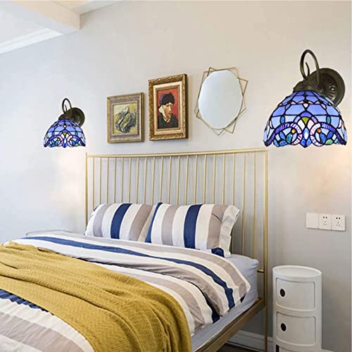 Image of Tiffany Wall Lamp Sconce Light Fixtures Set of Two, Wall Amout Lamp, 8 in Hand-Made Baroque Stained Glass Shade LED Wall Lights for Bedroom Living Room Hallway Kitchen,Blue,2PCS