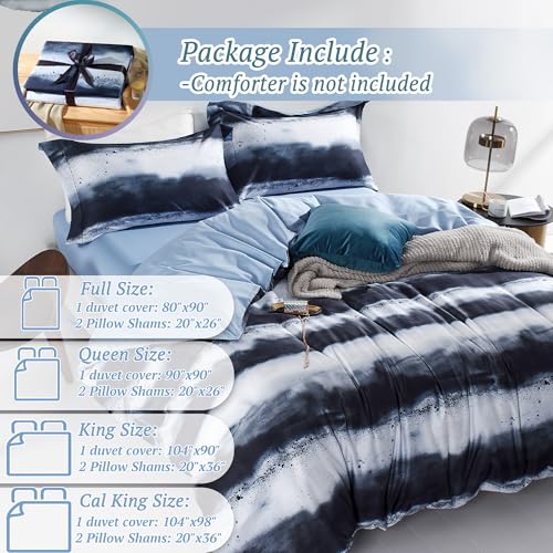 MILDLY Duvet Cover Full Size 100% Long-Staple Cotton Blue Watercolor Comforter Cover Set Modern Ultra Soft Comforter Cover Set 3pcs
