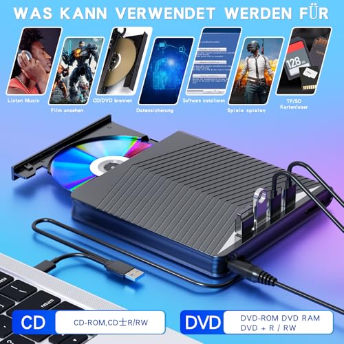 aelrsoch Externes Blu-ray Laufwerk Blu-ray Laufwerk DVD/BD Player Lesen/Schreiben Tragbares Blu-ray Laufwerk USB 3.0 und Typ-C DVD Recorder Ultra High Definition Blu-ray Recorder für Win 7/8/10/11/PC – Bild 5