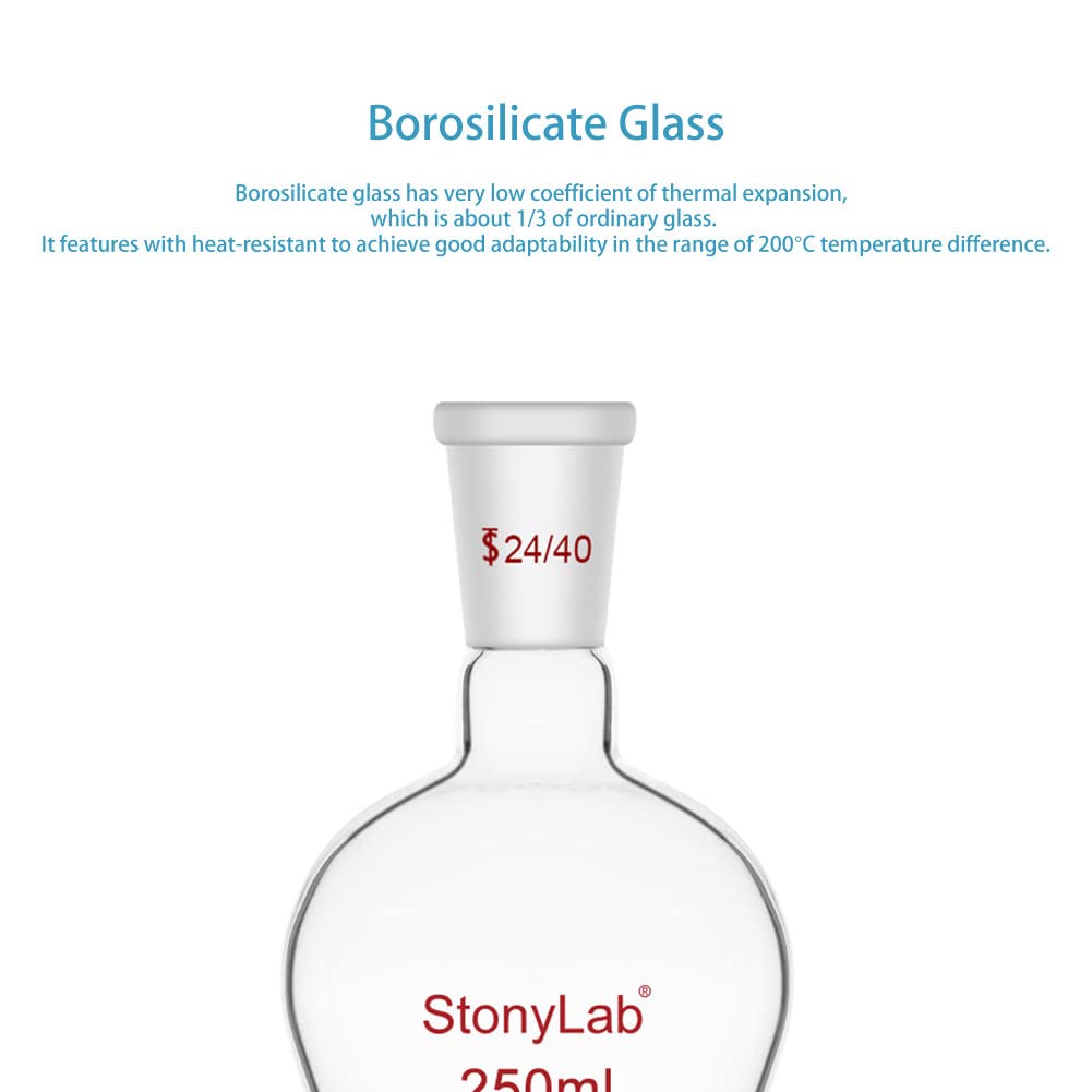 stonylab Flacon de Récupération, Flacon Évaporateur Rotatif en Verre Borosilicate à Paroi Épaisse col Unique avec Joint Extérieur Conique Standard 24/40, Flacon Laboratoire en Forme de Poire, 250 ml