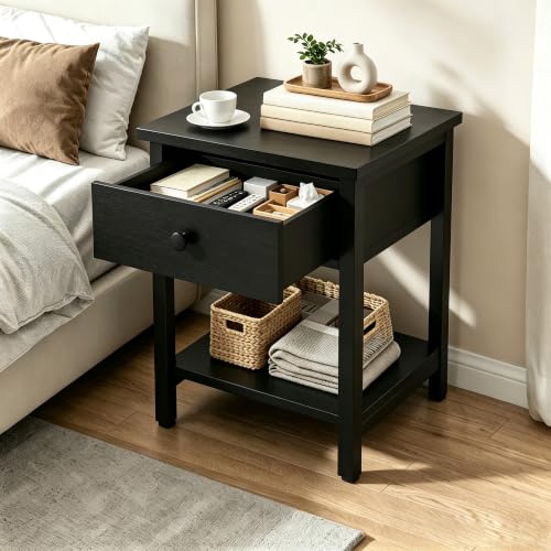 Image of Nightstands Set of 2 with Drawers and Storage Shelves, Modern Bedside Table with Steel Frame, Wood Night Stand End Side Table for Bedroom Small Spaces, Black