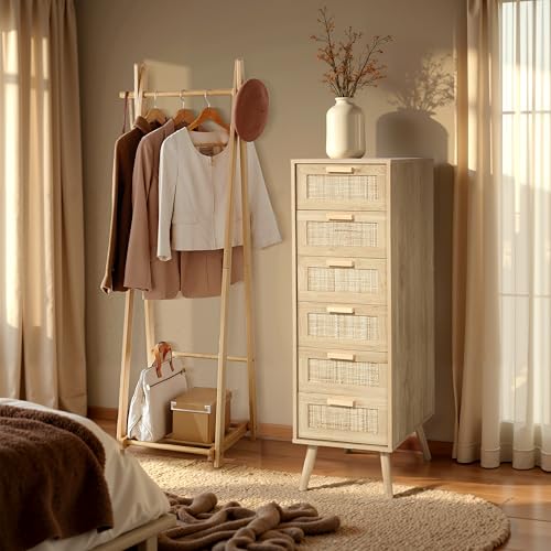 Image of Finnhomy Rattan Dresser for Bedroom, Tall Dresser with 6 Hand Made Rattan Decorated Drawers, Small Chest of Drawers for Living Room, Closet, Hallway, Natural