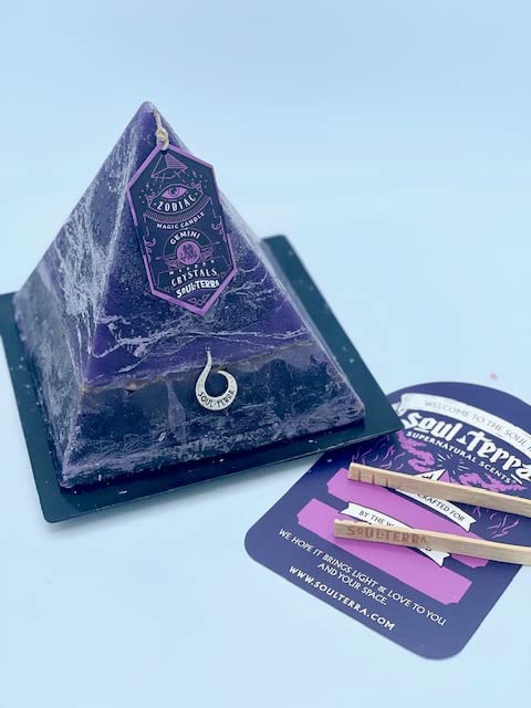 Soul-Terra-Gemini-Zodiac Mystery Crystal Pyramid Candle-Real Crystals, Rings, Amulets and/or Runes Inside-12 Zodiacs-Natural Hemp Wick-75 Hours Burn Time-Candles with Healing Crystals