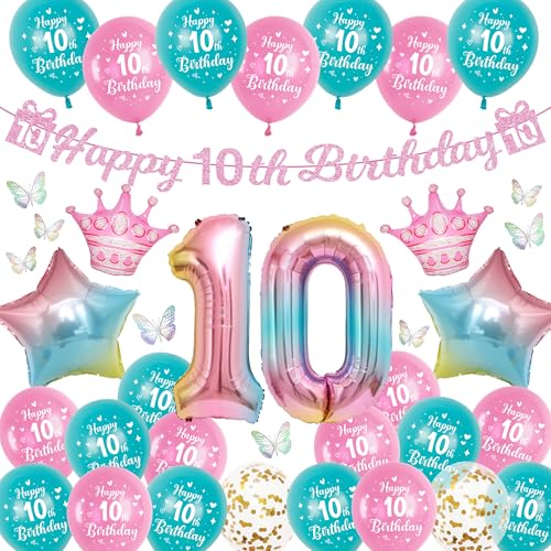 Luftballon Deko 10. Geburtstag für Mädchen - 40 Stück Rosa Geburtstagsdeko Set mit Happy Birthday Girlande Bunt 3D Schmetterlinge und Zahlenballons für das 10 Jahre Kindergeburtstag
